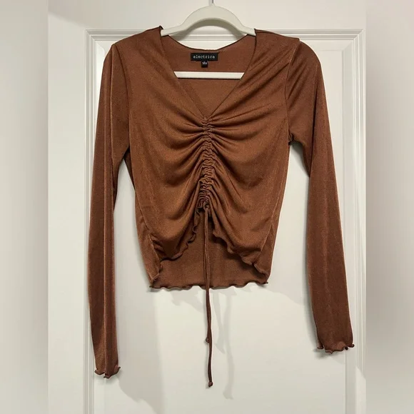 Electrica Brown sheer long sleeve crop top adjustable ruched front with ties - Picture 1 of 4